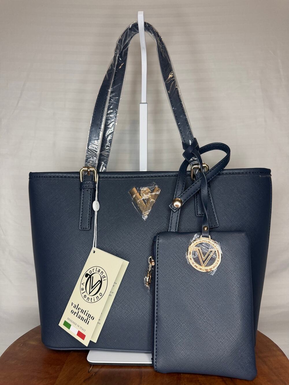 Valentino Orlandi Natalia Tote Navy Blue NWT Vegan Leather w Matching Pouch (#2)